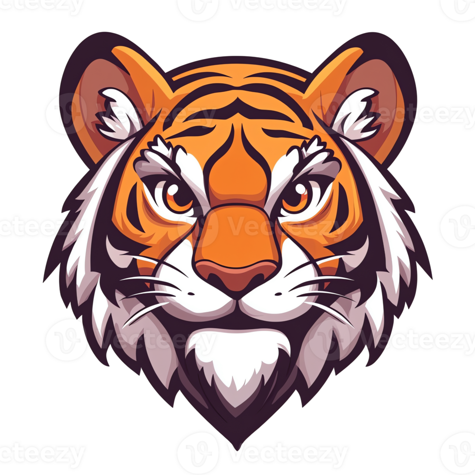 Powerful Tiger Head Mascot Design Fierce Orange Stripes, Intense Gaze, Cartoon Style, Perfect for Logo, Branding, or Team Mascot. High-resolution illustration, easily scalable without quality loss. png