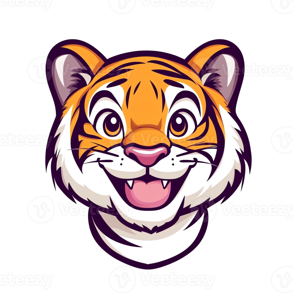 Adorable Cartoon Tiger Head, Happy Expression, Orange and White Fur, Big Eyes, Smiling Face, Illustration, Perfect for Children's Books, Logos, and Cute Designs. png
