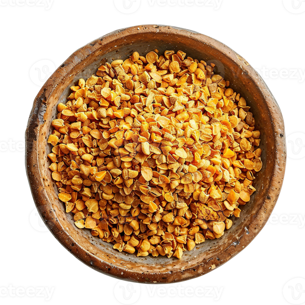 Close-Up of Dried Fenugreek Granules in Rustic Ceramic Bowl Isolated on Transparent Background png