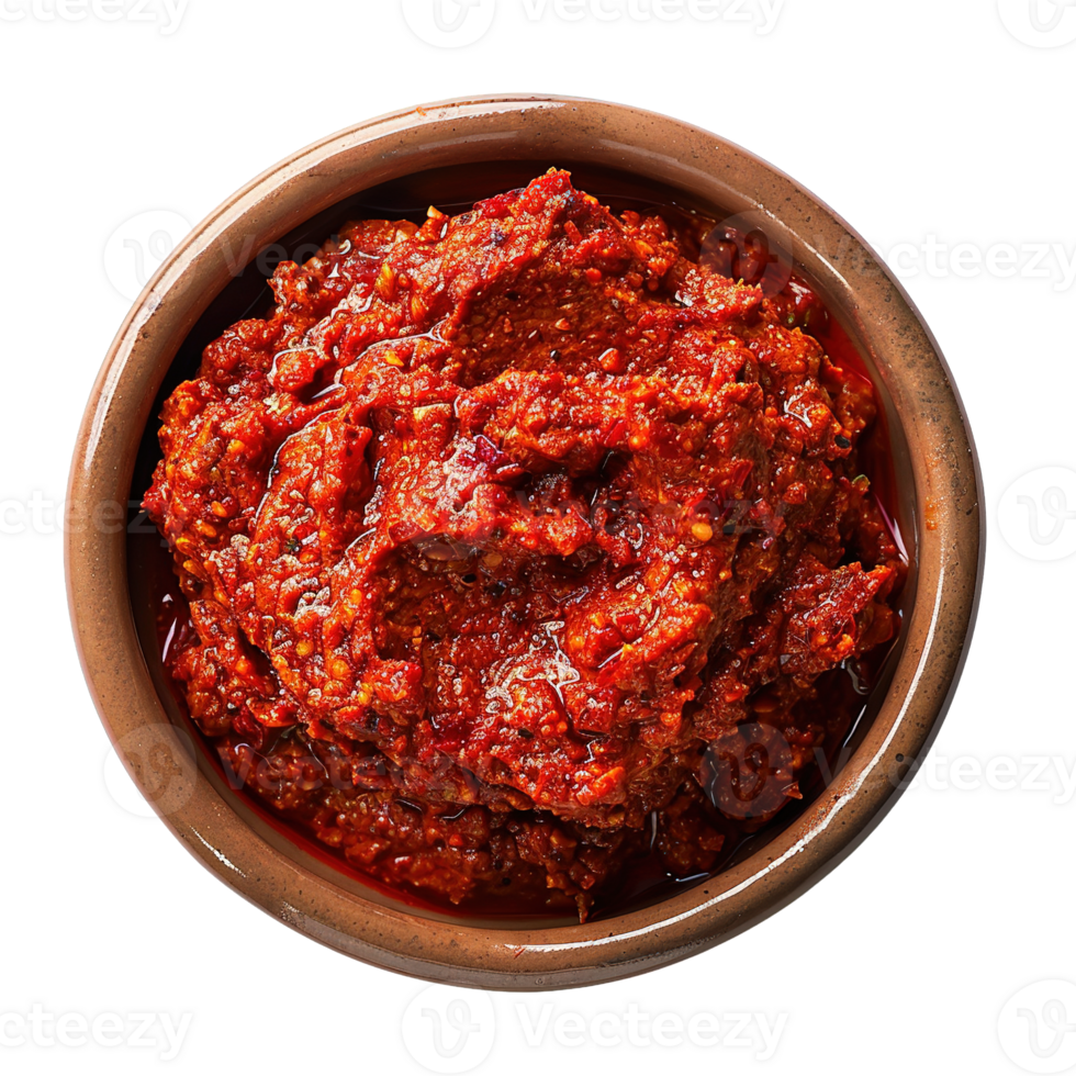 Spicy Red Pepper Harissa Condiment in Artisan Ceramic Container Isolated on Transparent Background png