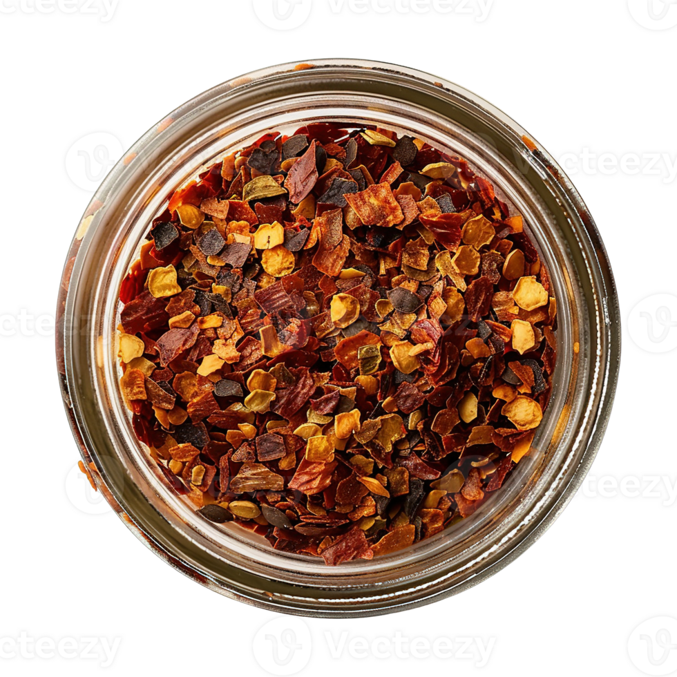Top View of Red Chili Flakes Stored in Glass Container Isolated on Transparent Background png