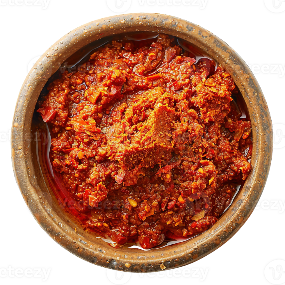 Top View of Spicy Red Chili Curry Paste in Clay Bowl on Transparent Background png