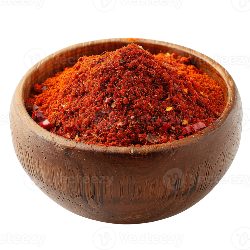 Close-Up of Red Chili Powder Blends in Natural Wooden Bowl Isolated on Transparent Background png
