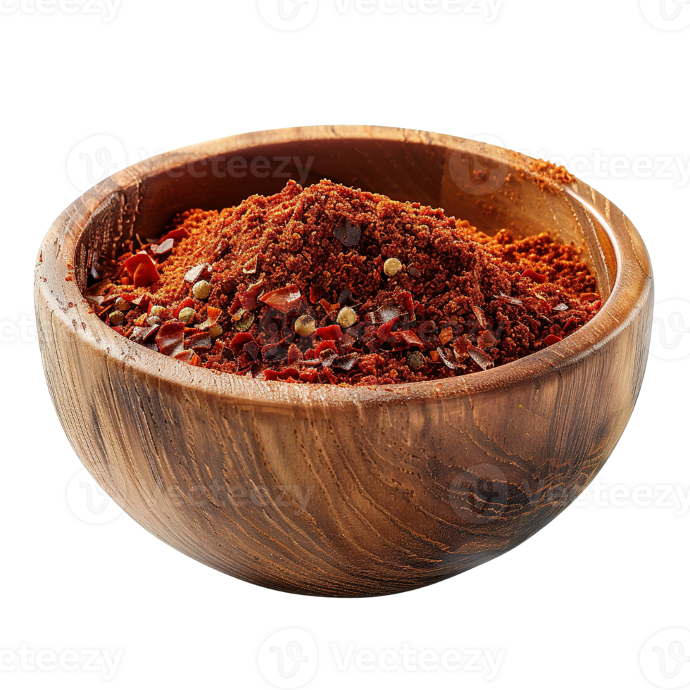 Ground Chili Peppers in Rustic Wooden Bowl Isolated on Transparent Background png