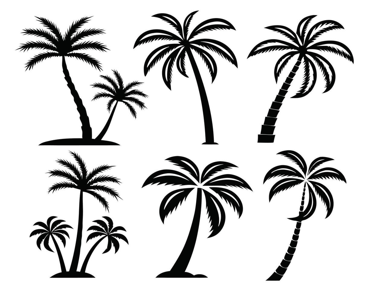 Collection of silhouetted palm trees in various shapes and forms isolated on white background vector