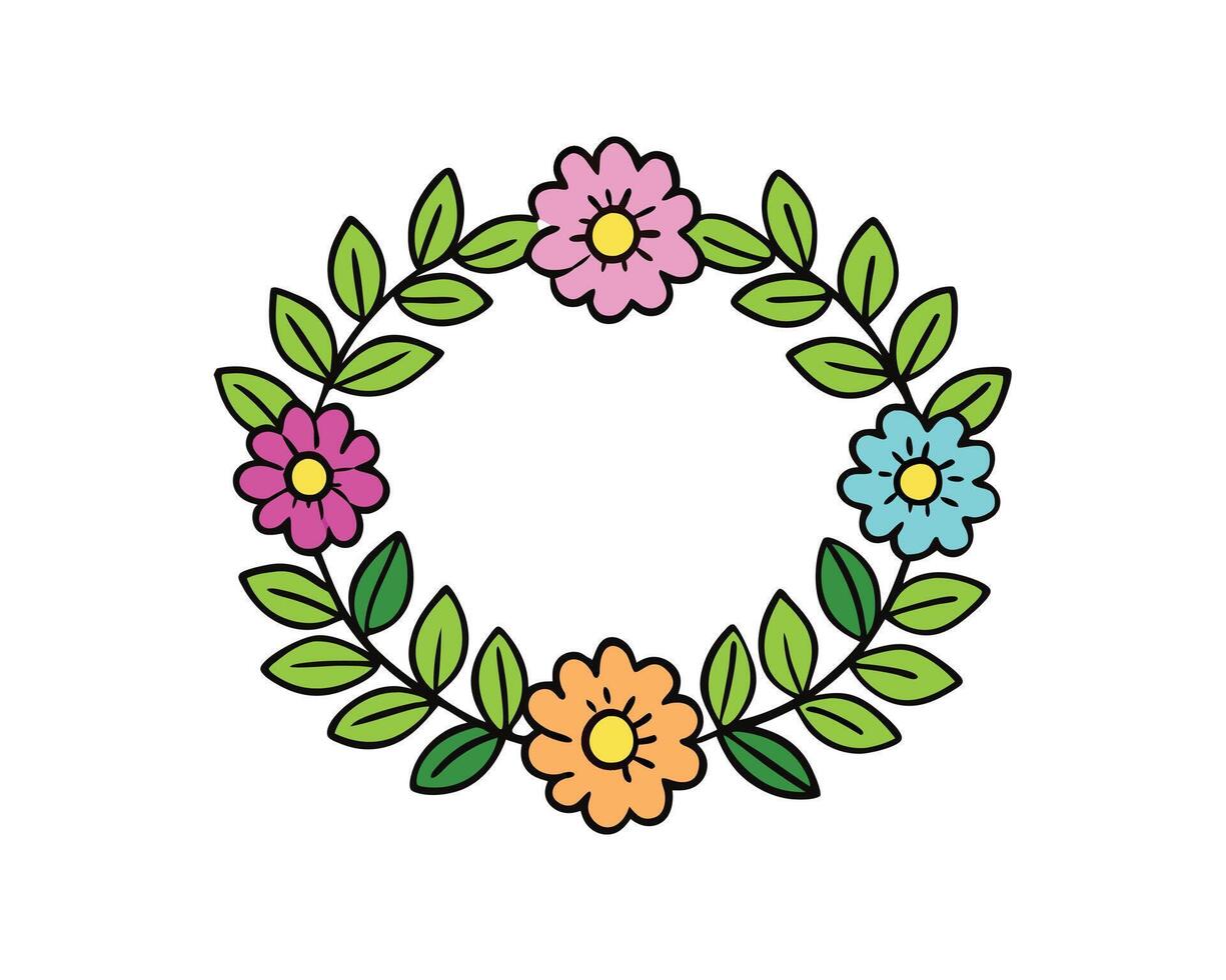 Colorful floral wreath with flowers and green leaves on a white background illustration vector