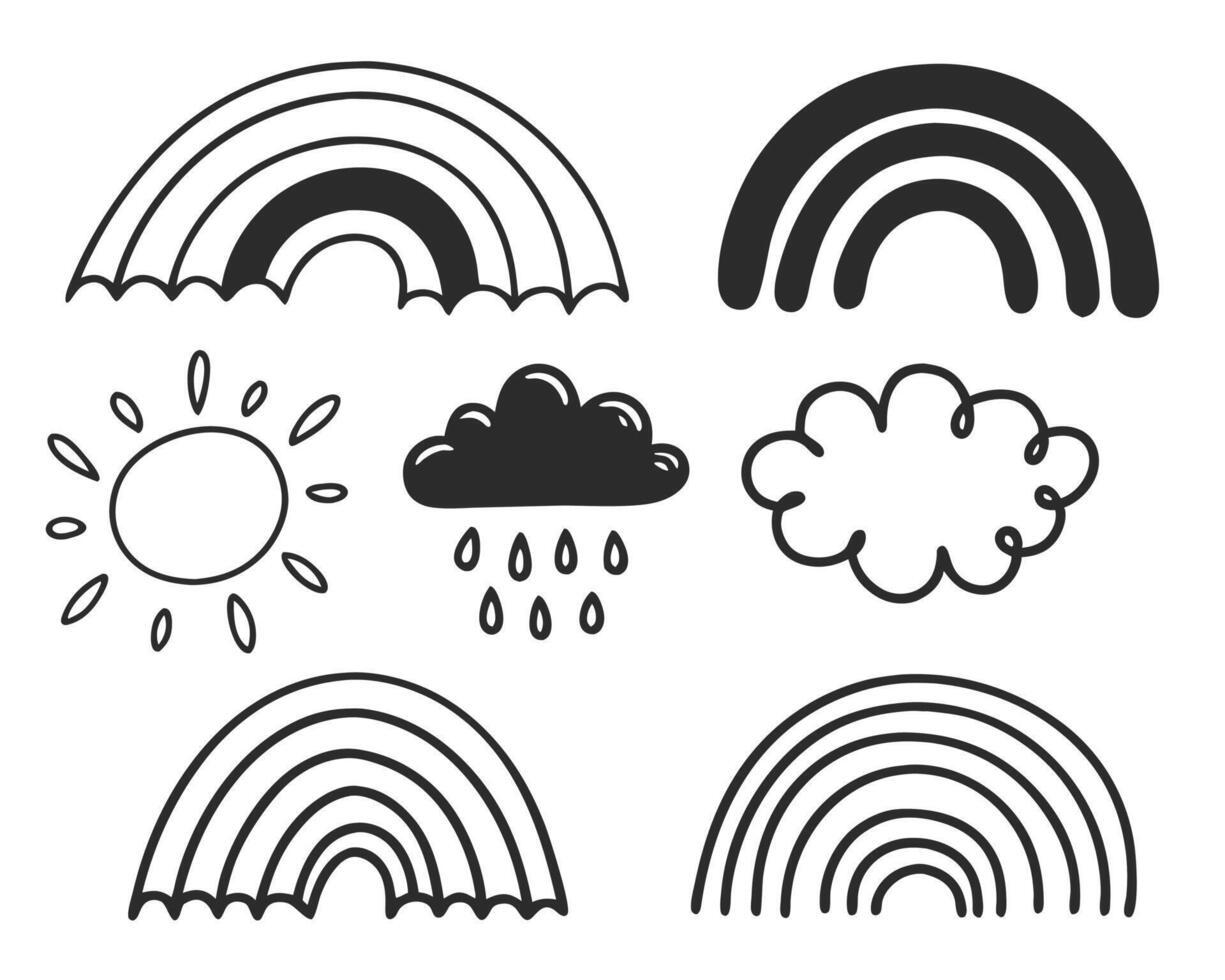Hand drawn collection of weather elements including rainbows sun clouds and rain in monochrome style vector