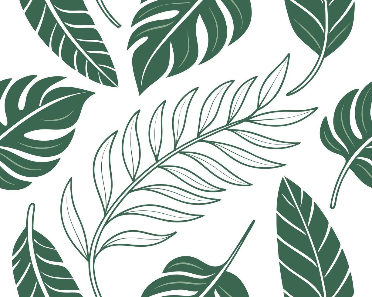 Elegant seamless pattern featuring a collection of stylized tropical leaves in shades of green vector