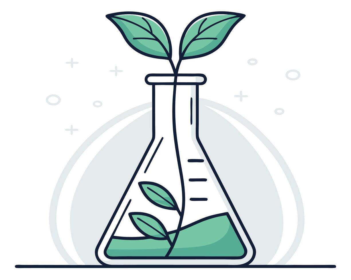 Green plant growing inside a scientific flask concept for environment protection or biology research vector
