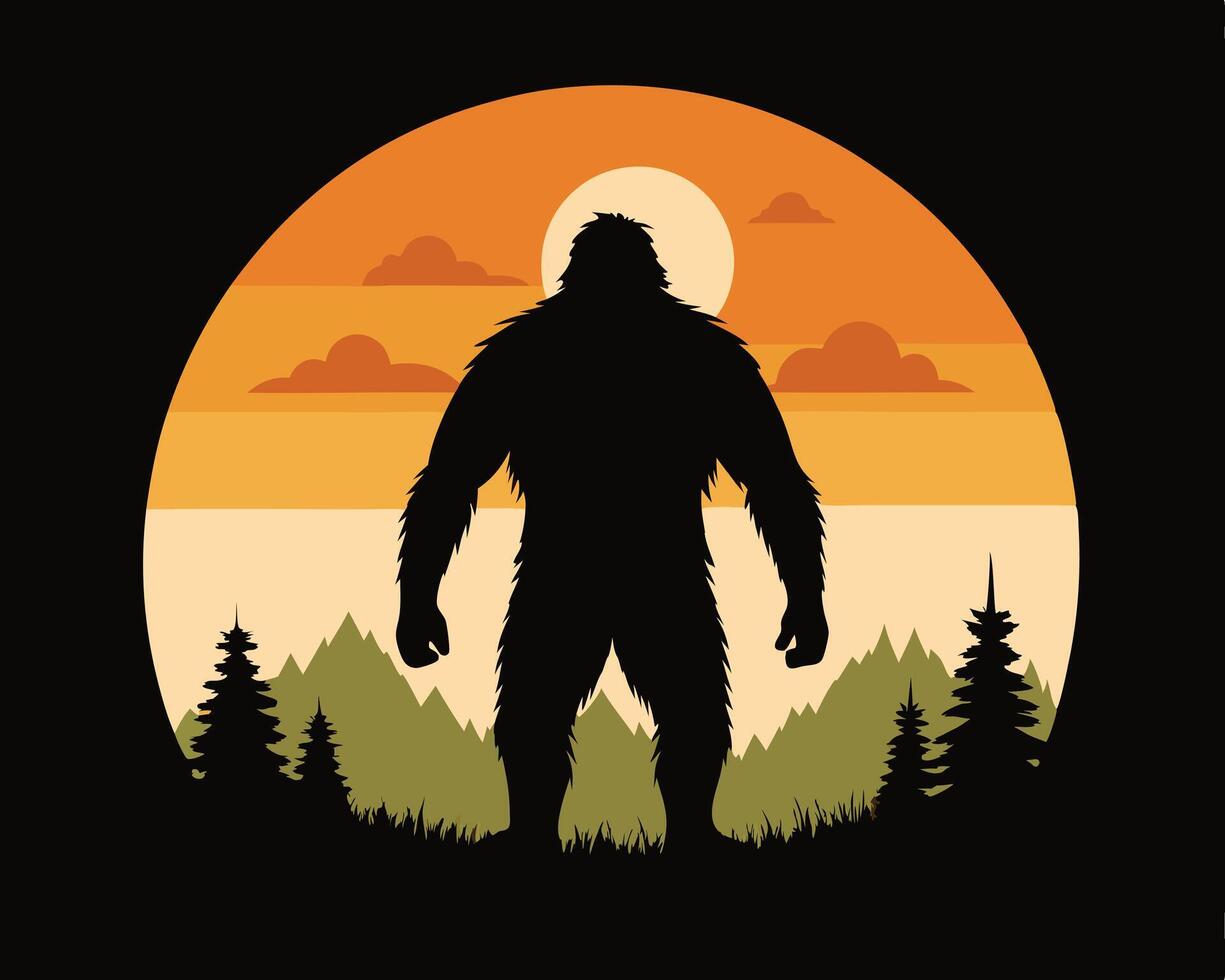 Silhouette illustration of a bigfoot creature standing in front of a beautiful sunset scene in the forest. vector