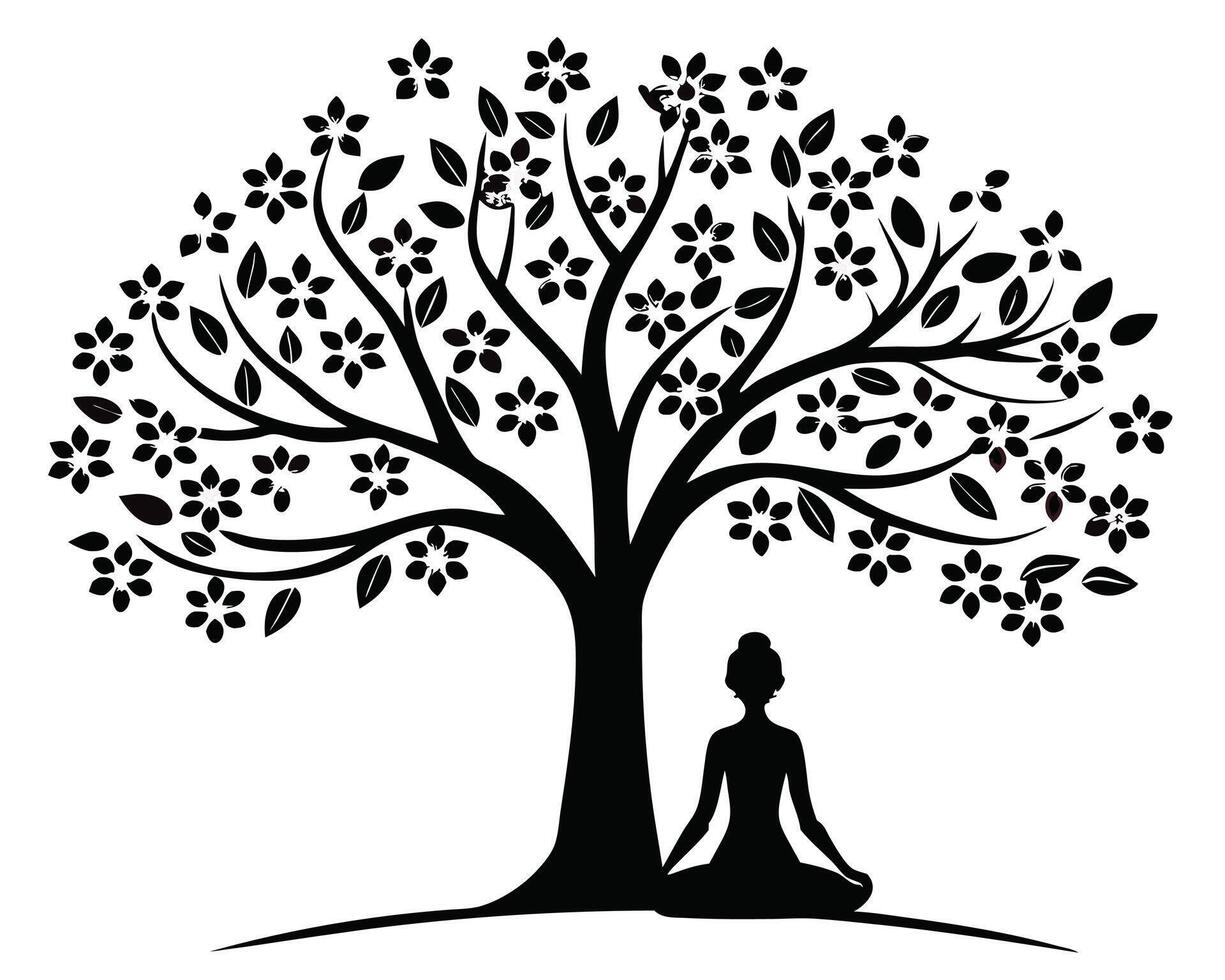 Meditating under a blossoming tree serene black silhouette illustration with white background vector