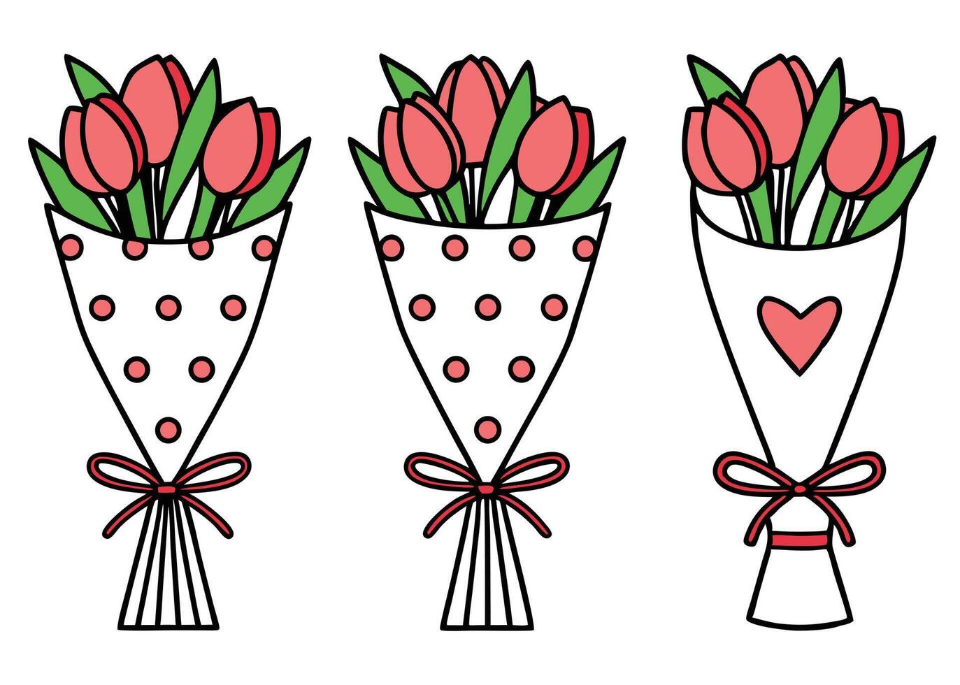 Cute illustrations of tulip flower bouquets wrapped with polka dots and heart decorations perfect for spring vector