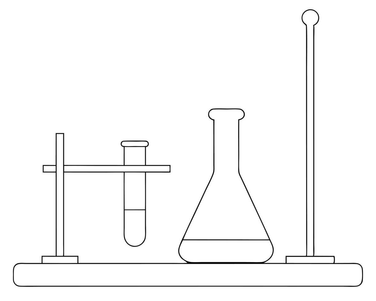 Simple black and white illustration of lab equipment used for scientific experiments and research. vector
