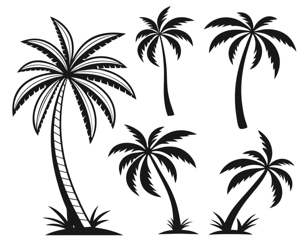 illustration of various black silhouette palm trees isolated on a white background vector