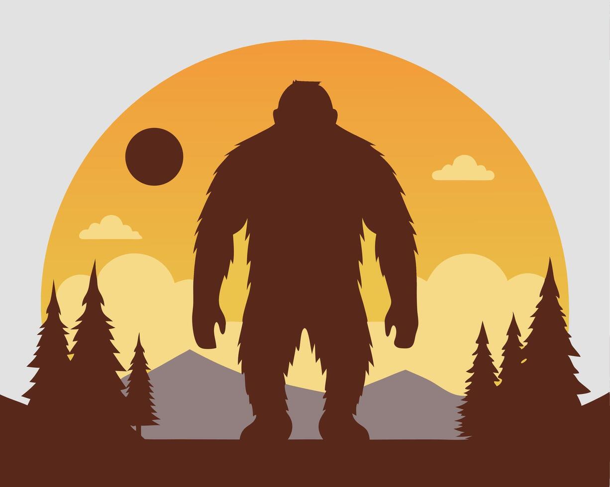 Silhouette illustration of bigfoot standing in the forest against a scenic sunset background with trees and clouds vector