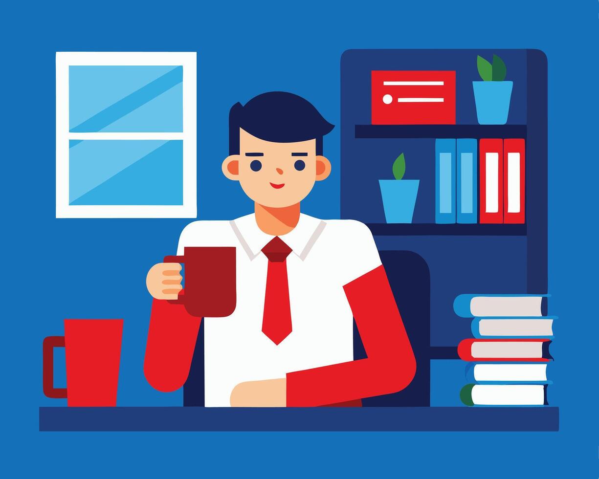 Young professional enjoying coffee in his office while taking a break from his workload to relax vector