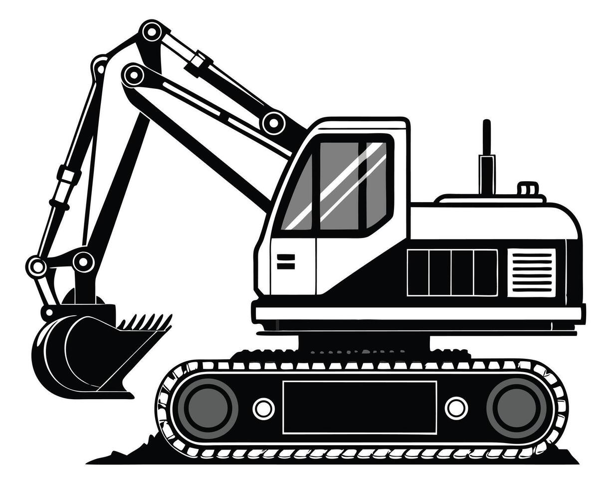 Detailed illustration of a black and white excavator showing construction and heavy machinery design vector