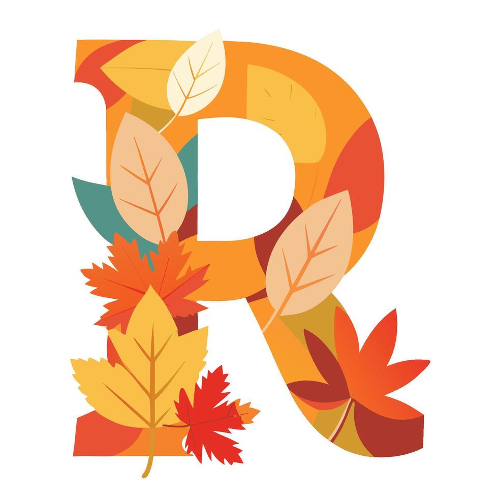 capital letter r crafted with autumn leaves texture warm fall colors vector
