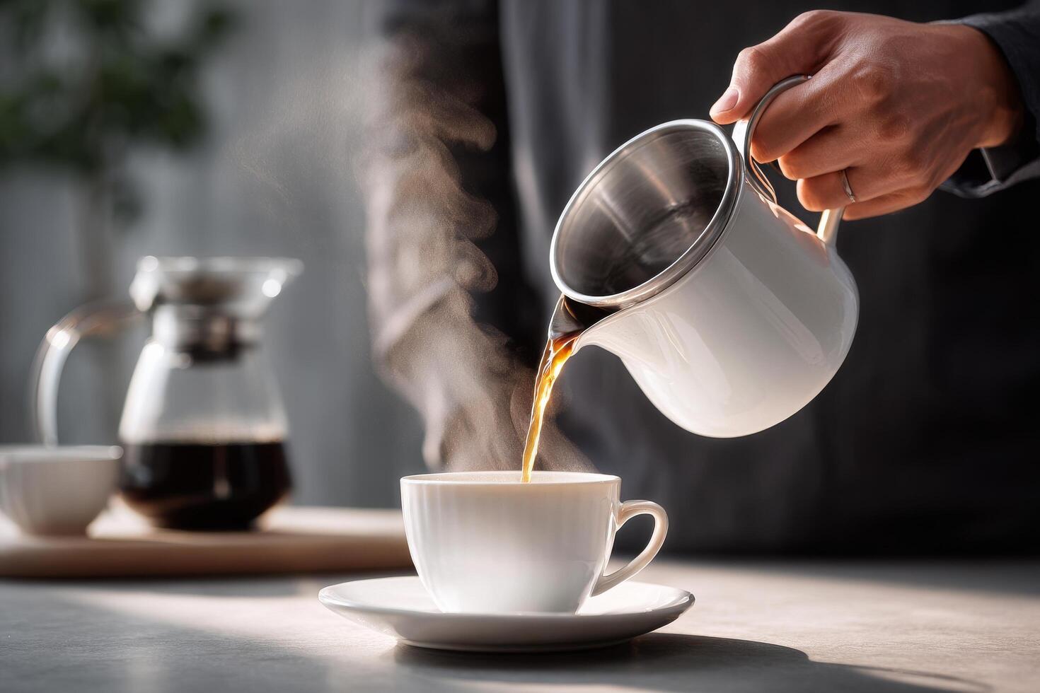 Pouring Hot Coffee Into a White Cup in a Cozy Cafe Setting in the Morning photo