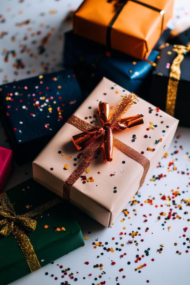 Colorful Gift Boxes With Festive Decorations and Confetti Scattered on a White Surface photo