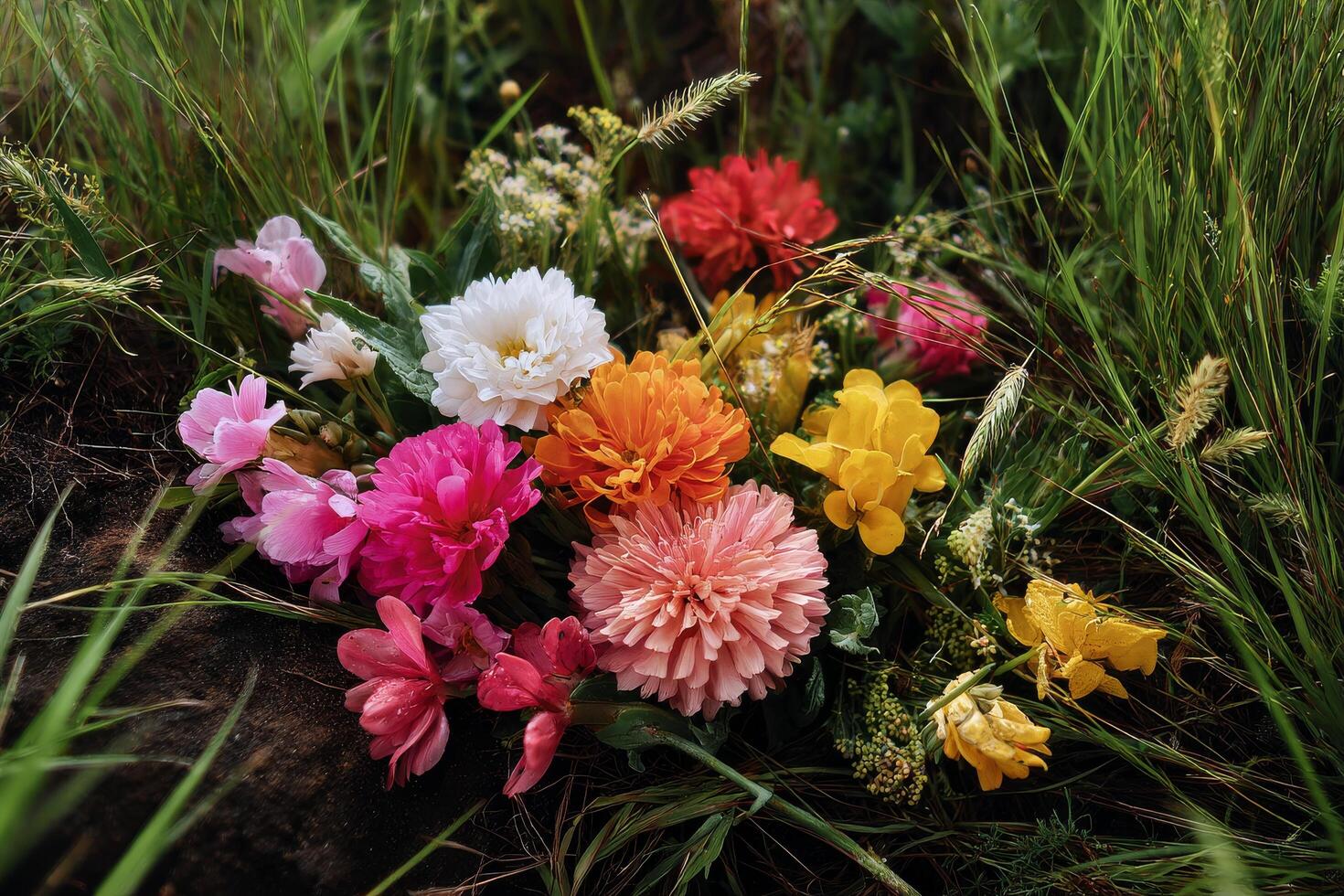 Colorful Bouquet of Wildflowers in a Sunny Meadow During Early Summer photo