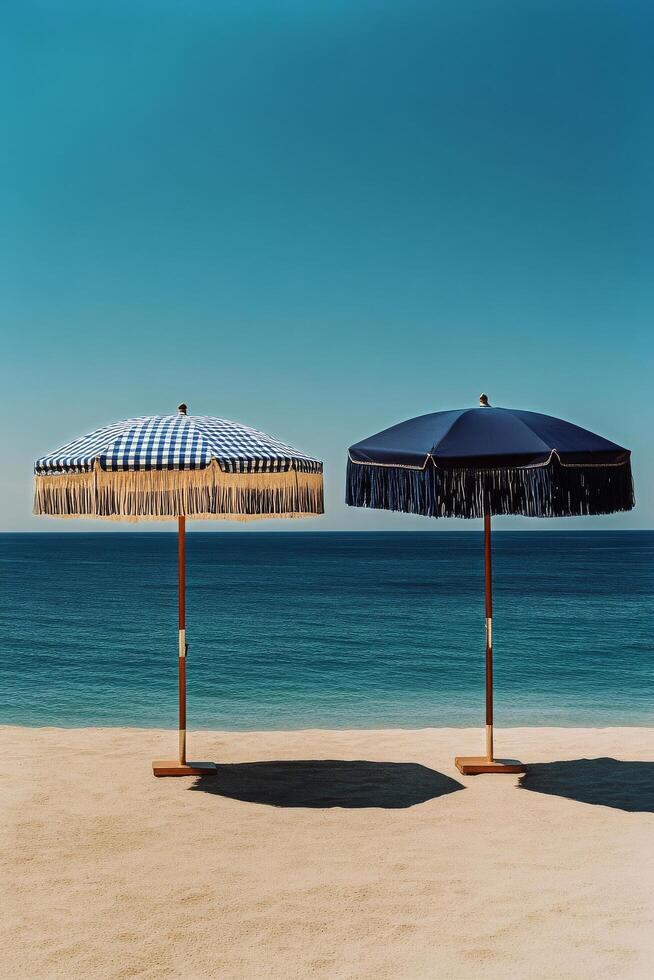 Beach Umbrellas Provide Shade on Sandy Shore Under Clear Blue Sky in a Serene Coastal Setting photo