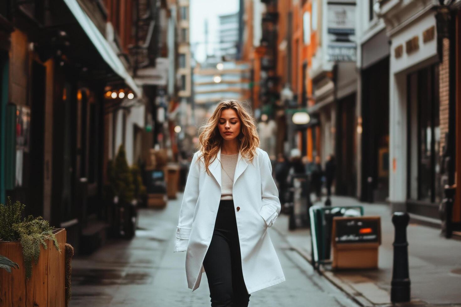 Woman Walking in a Narrow Urban Alley With Shops on a Cloudy Day in a Bustling City photo