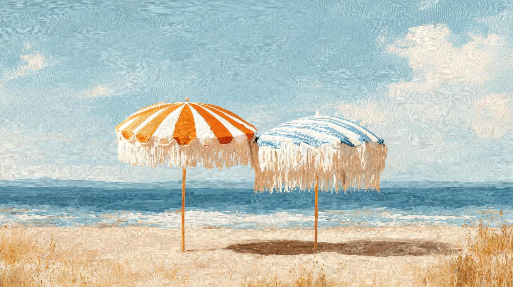 Colorful Beach Umbrellas by the Ocean Under a Blue Sky During a Sunny Day in Summer photo