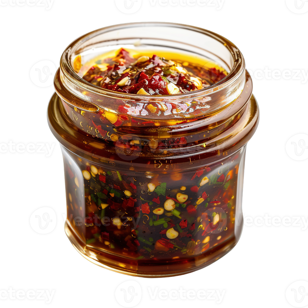 Authentic Spicy Chili Oil Sauce with Garlic and Herbs in Transparent Jar Isolated on Transparent Background png
