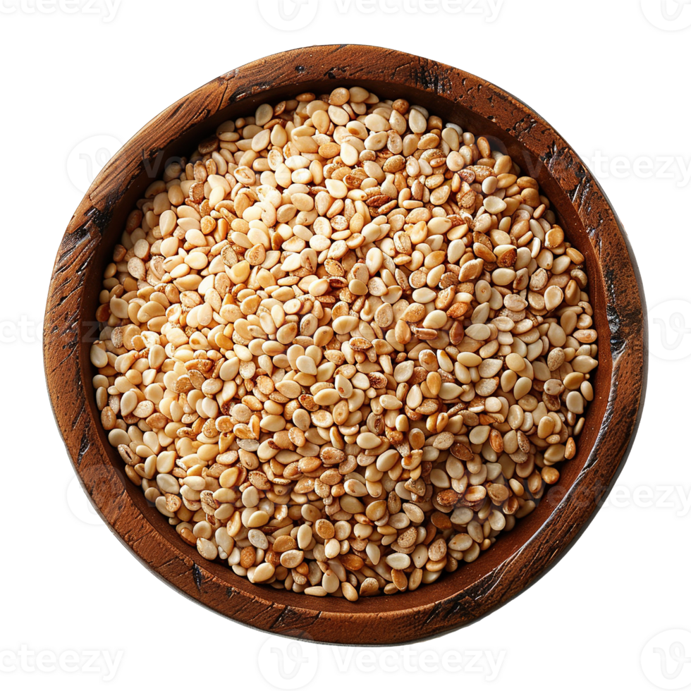 Close-Up of Toasted Sesame Seeds in Handmade Wood Bowl on Transparent Background png