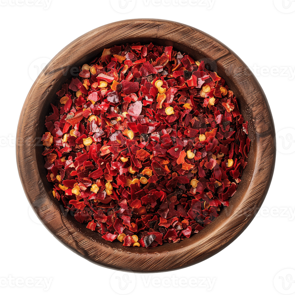 Spicy Crushed Red Pepper Flakes in Decorative Wooden Bowl on Transparent Background png
