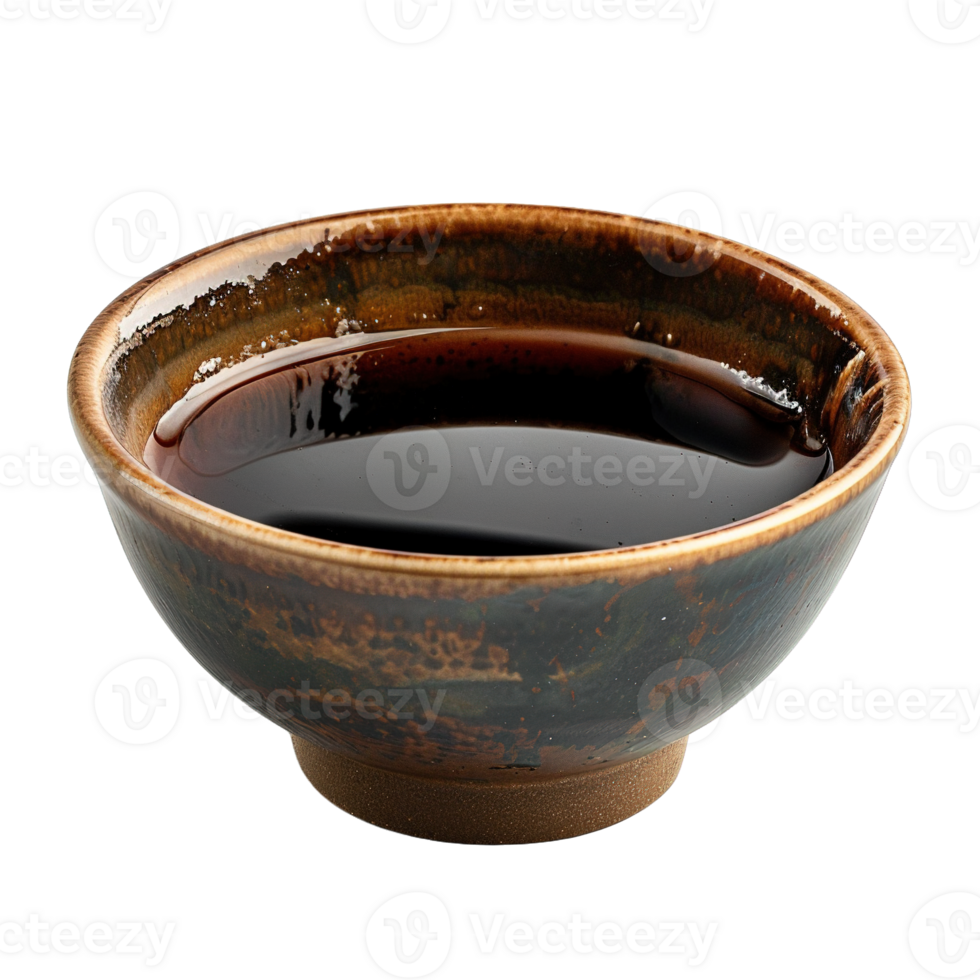 Side View of Traditional Rustic Bowl Containing Soy Sauce Isolated on Transparent Background png