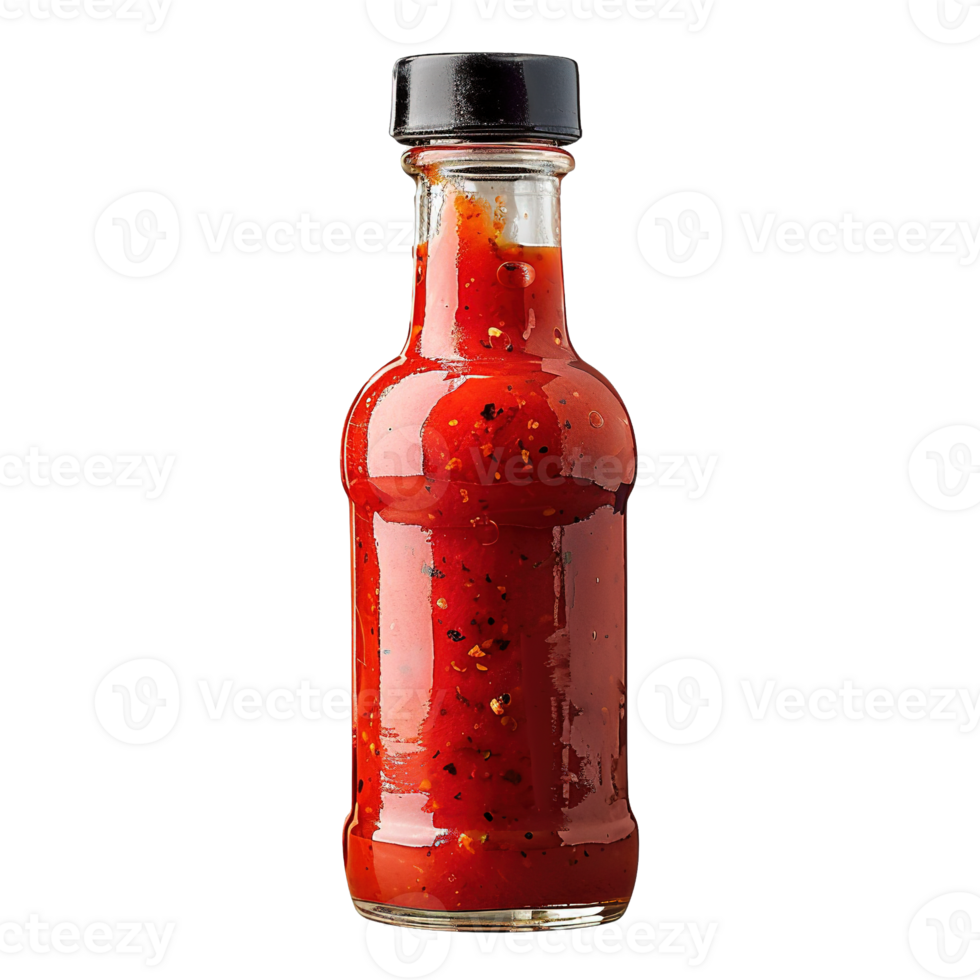 Hot Chili Pepper Sauces in Clear Glass Bottle with Black Cap Isolated on Transparent Background png