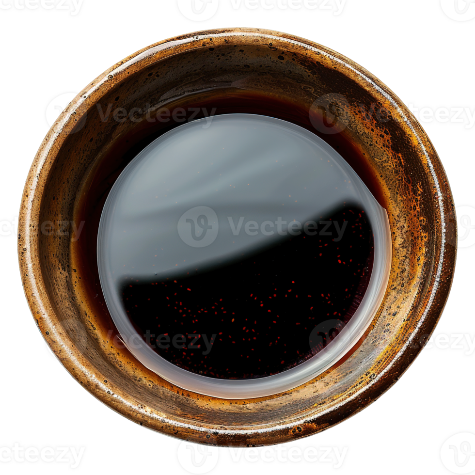 Top View of Oriental Soy Sauce Bowl with Reflective Surface and Texture Isolated on Transparent Background png