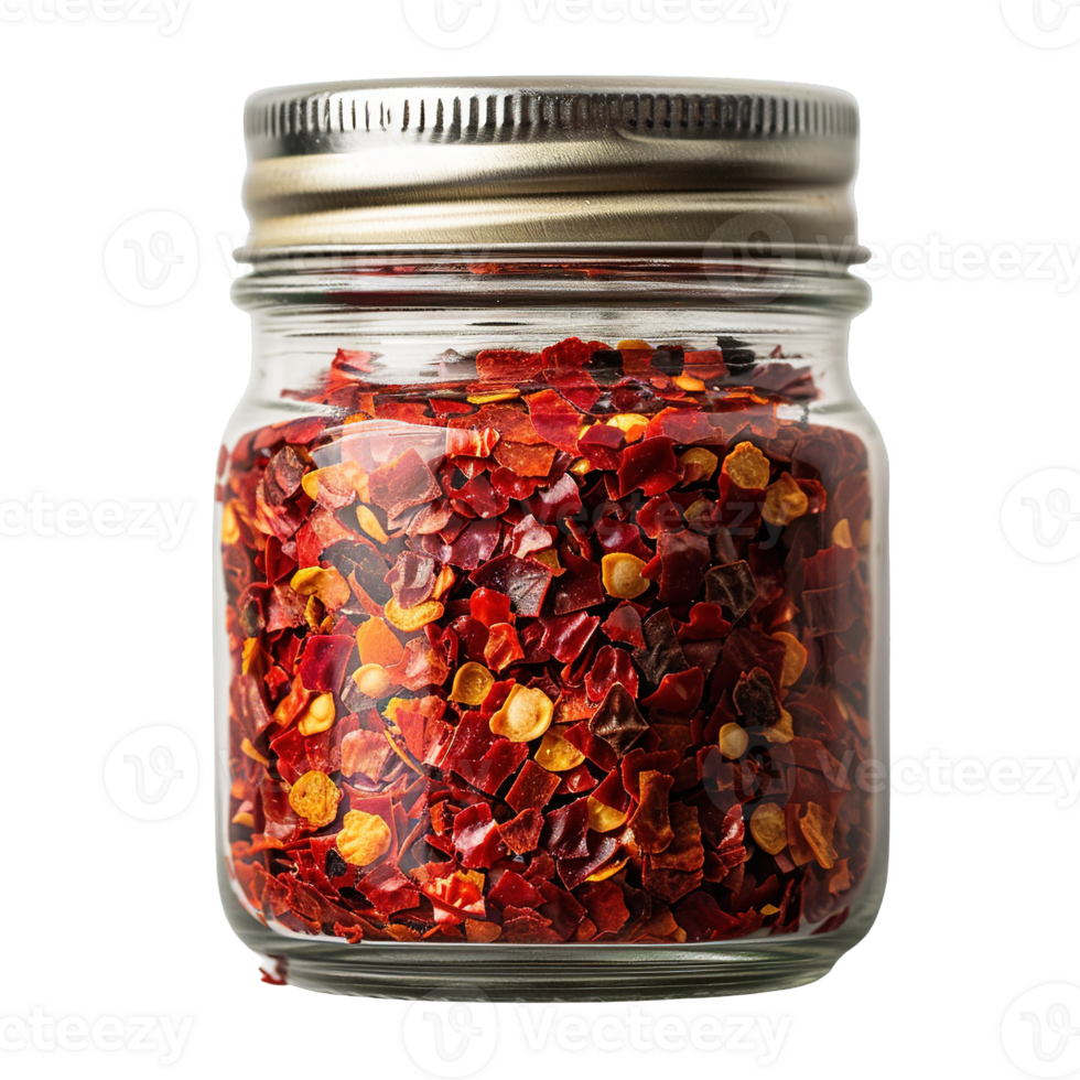 Glass Jar Filled with Crushed Red Chili Flakes on Transparent Background png