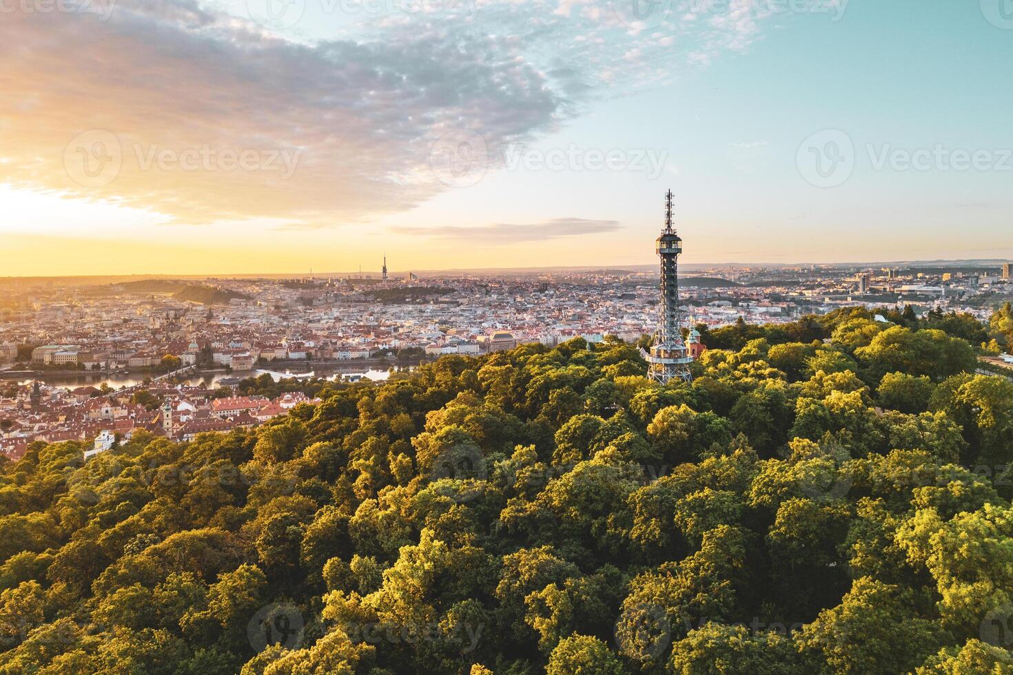 Aerial view of Prague's skyline and tower photo