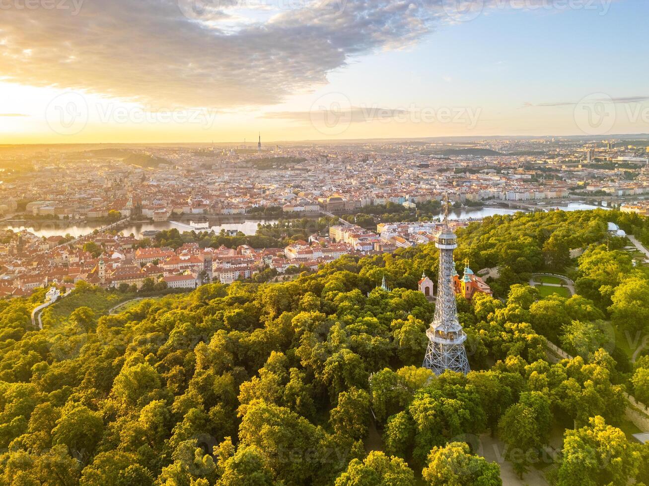 Aerial view of Prague at sunset photo