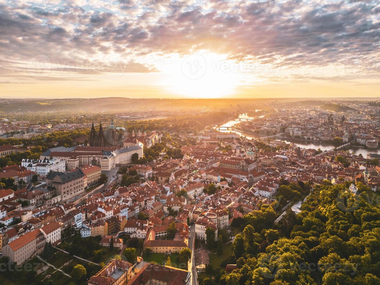 Aerial view of Prague during sunset photo