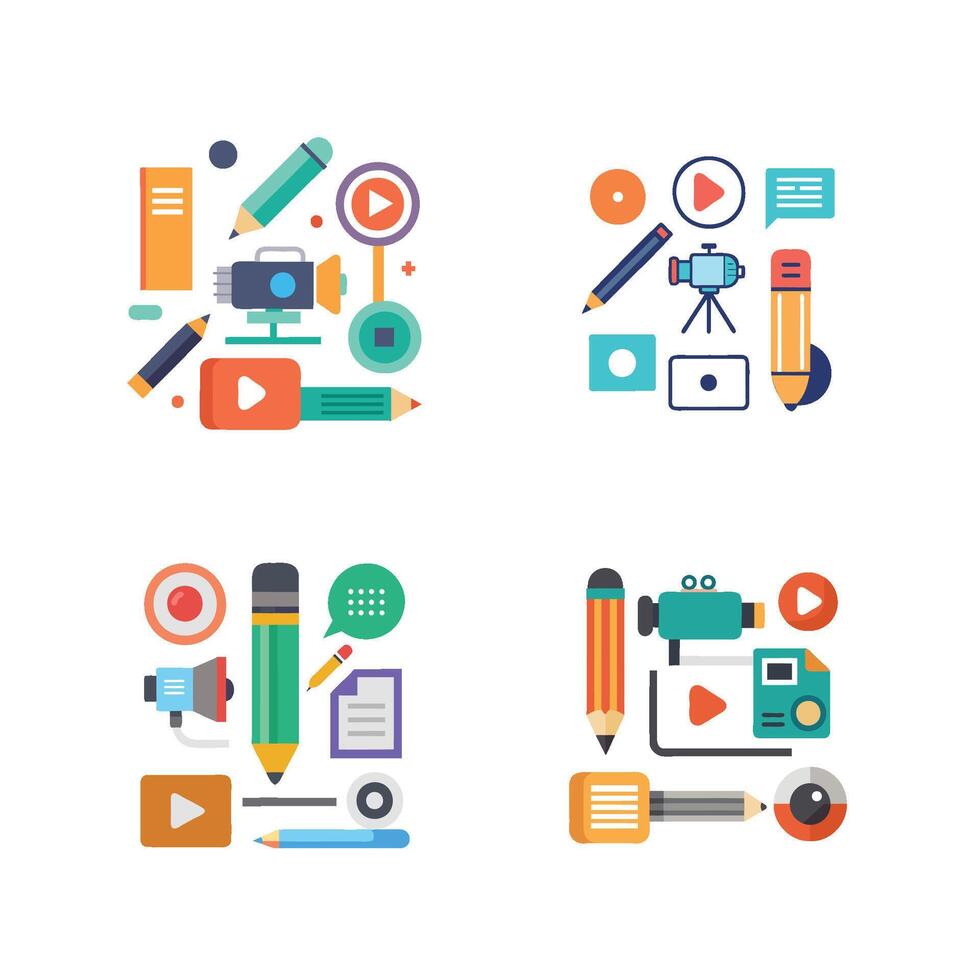 Content Creation Icons Bundle, Pencil, Camera, Microphone on White Background vector