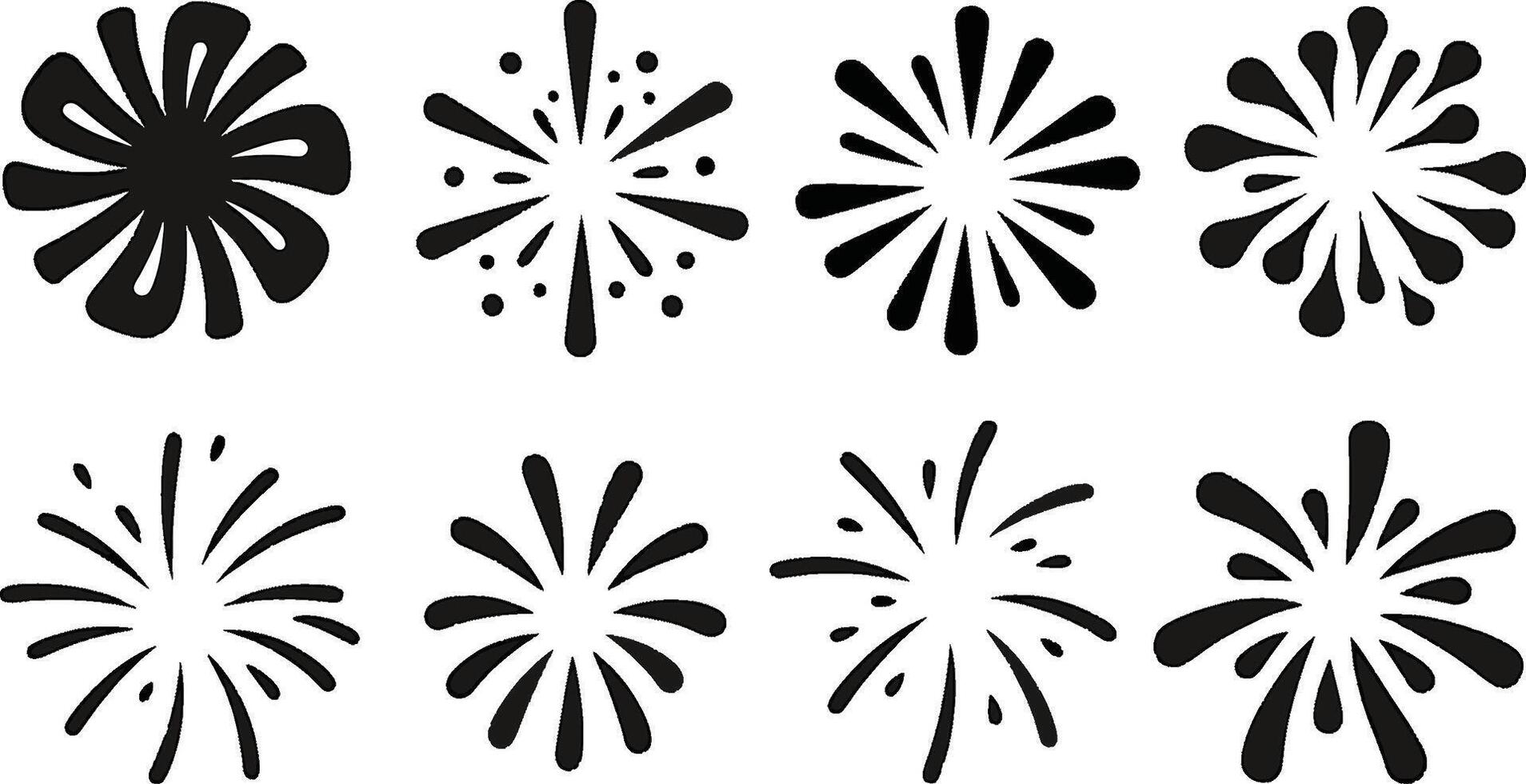 Eight Stylish Black Fireworks Burst Illustrations, Perfect for Festive Designs and Celebrations, with a Dramatic and Energetic Mood vector