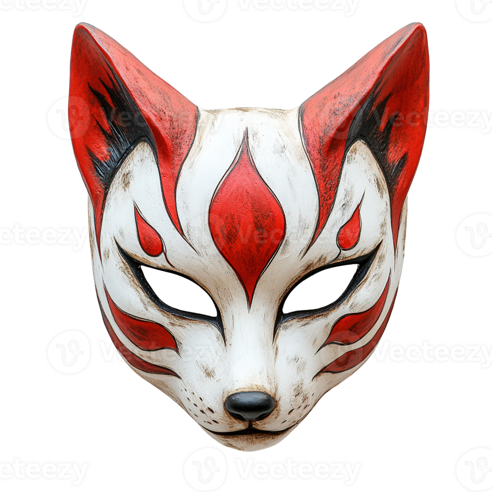 Fox Spirit Mask Featuring Hand-Painted Red and White Patterns Isolated on Transparent Background png
