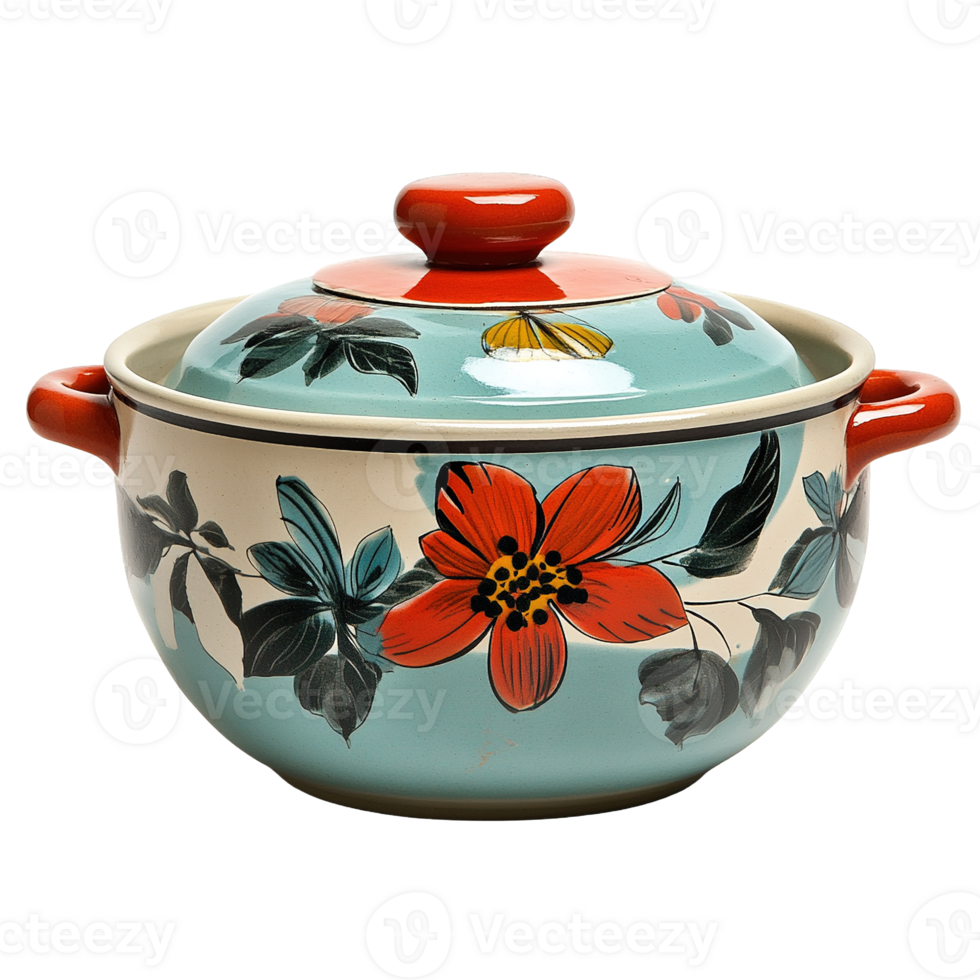 Hand-Painted Vintage Casserole Pot with Floral Patterned Lids in a Charming Retro Design Isolated on Transparent Background png