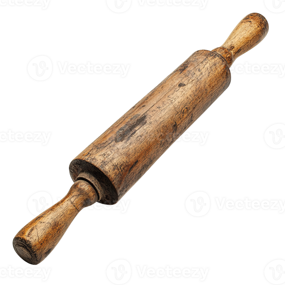 Old Wooden Rolling Pin with Scratched Surface Isolated on Transparent Background png