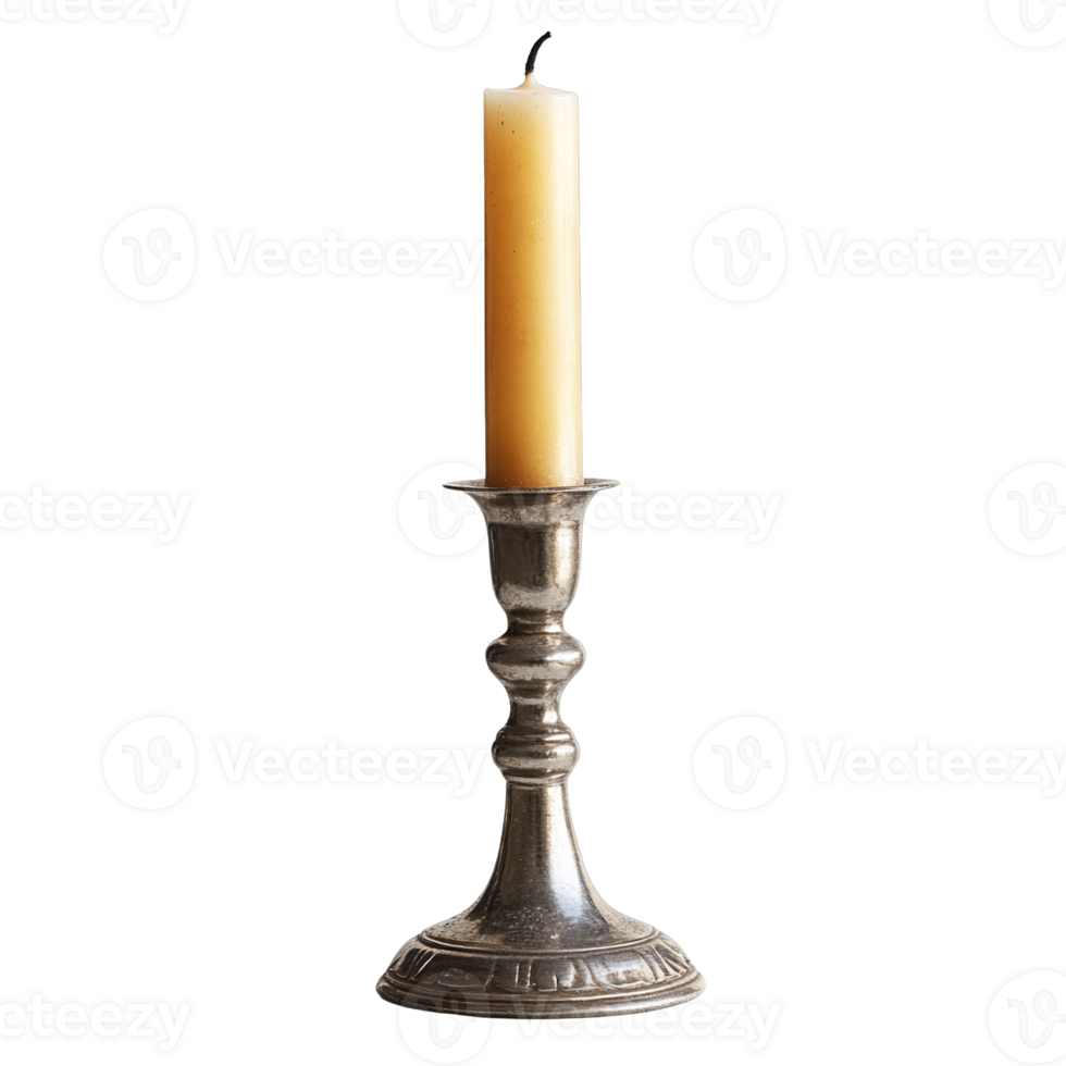 Antique Metal Candlestick with Cream-Colored Candle Isolated on Transparent Background png