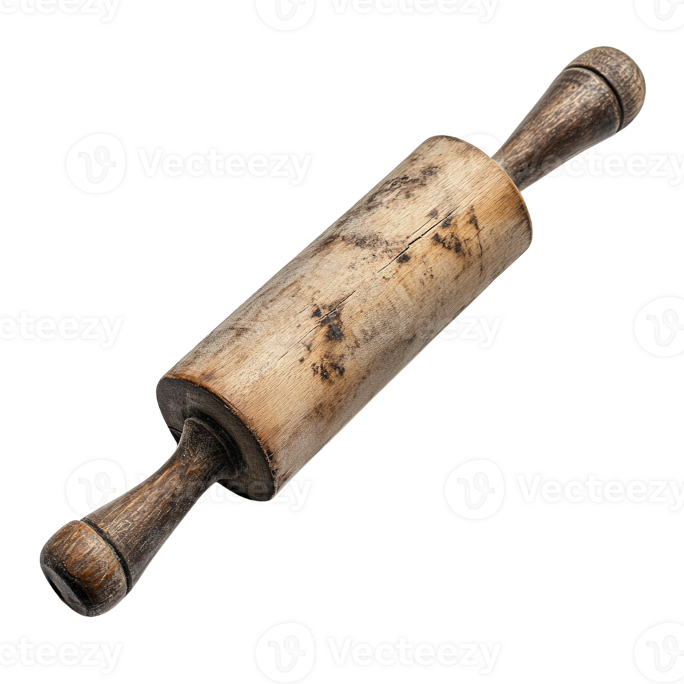 Retro Wooden Rolling Pin with Distressed Surface and Patina Isolated on Transparent Background png