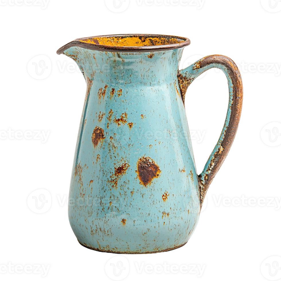 Old-Fashioned Metal Pitcher with Aged Enamel Coating and Weathered Rust Marks Isolated on Transparent Background png