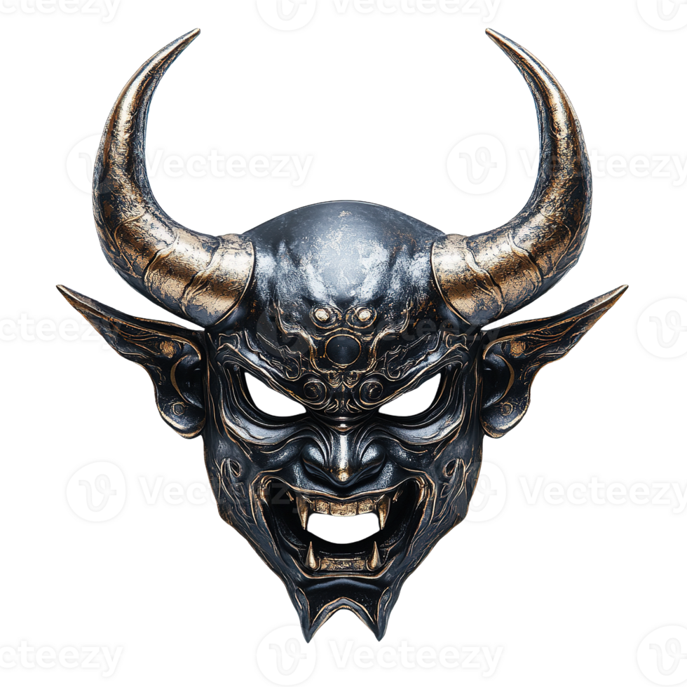 Ornate Demon Mask with Elaborate Horns and Carved Face Isolated on Transparent Background png