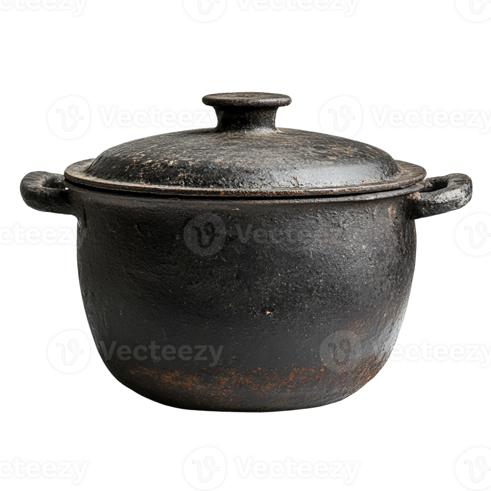 Heavy Cast Iron Dutch Oven Cookware with Aged Finish and Handle Isolated on Transparent Background png