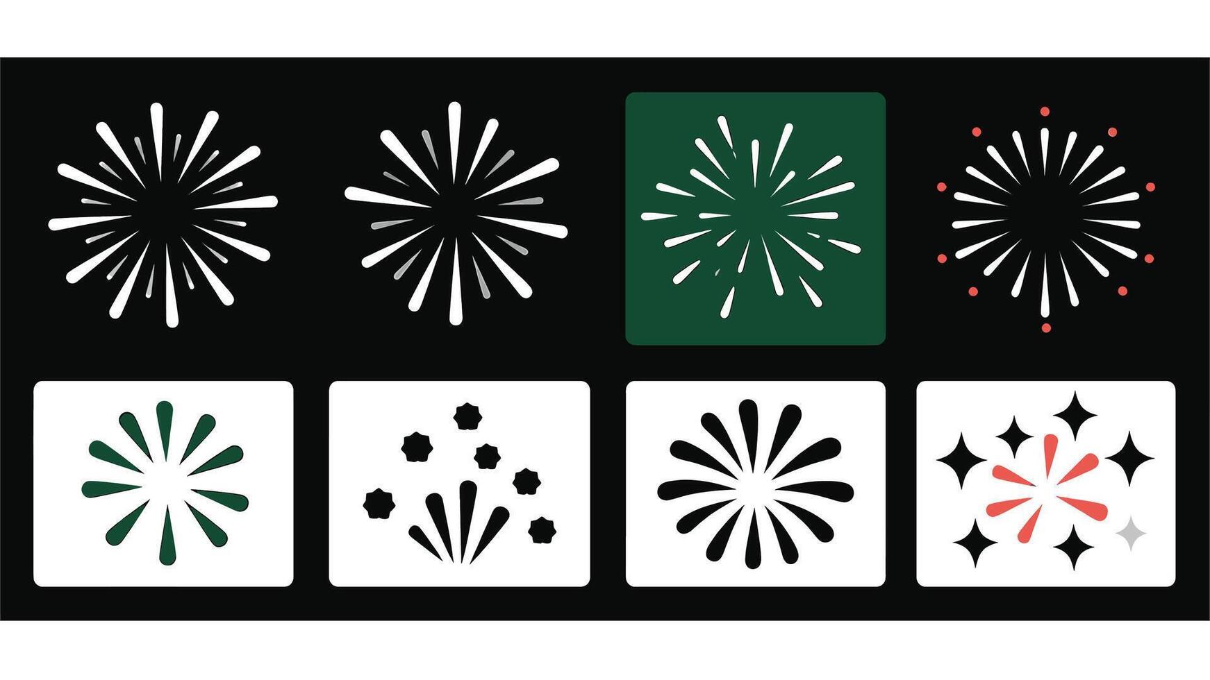 Eight Stylish Fireworks Burst Icons Night Sky Celebration Design Elements for Festive Mood - Professional digital artwork with vibrant colors and detailed composition vector