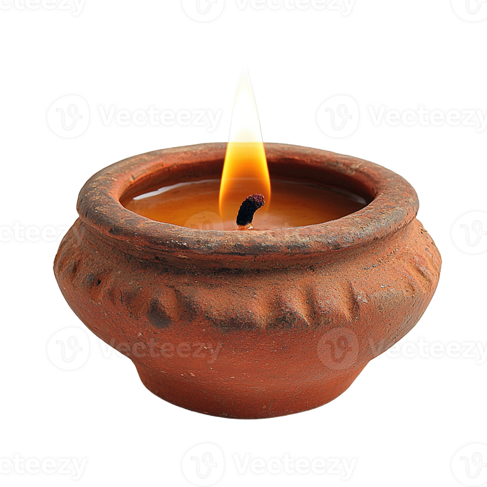 Traditional Indian Clay Diya Lamps with Bright Flame Isolated on Transparent Background png